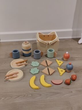 Wooden Kids Toy Picnic PlaySet Carry Basket Creative Pretend Play Y2K